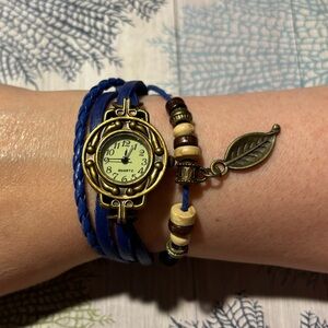 Blue Wrap Watch with Leaf Charm